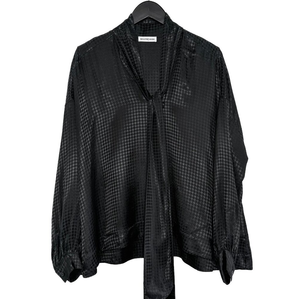 Balenciaga 2020 Black Satin Houndstooth Tie Neck Bow Blouse